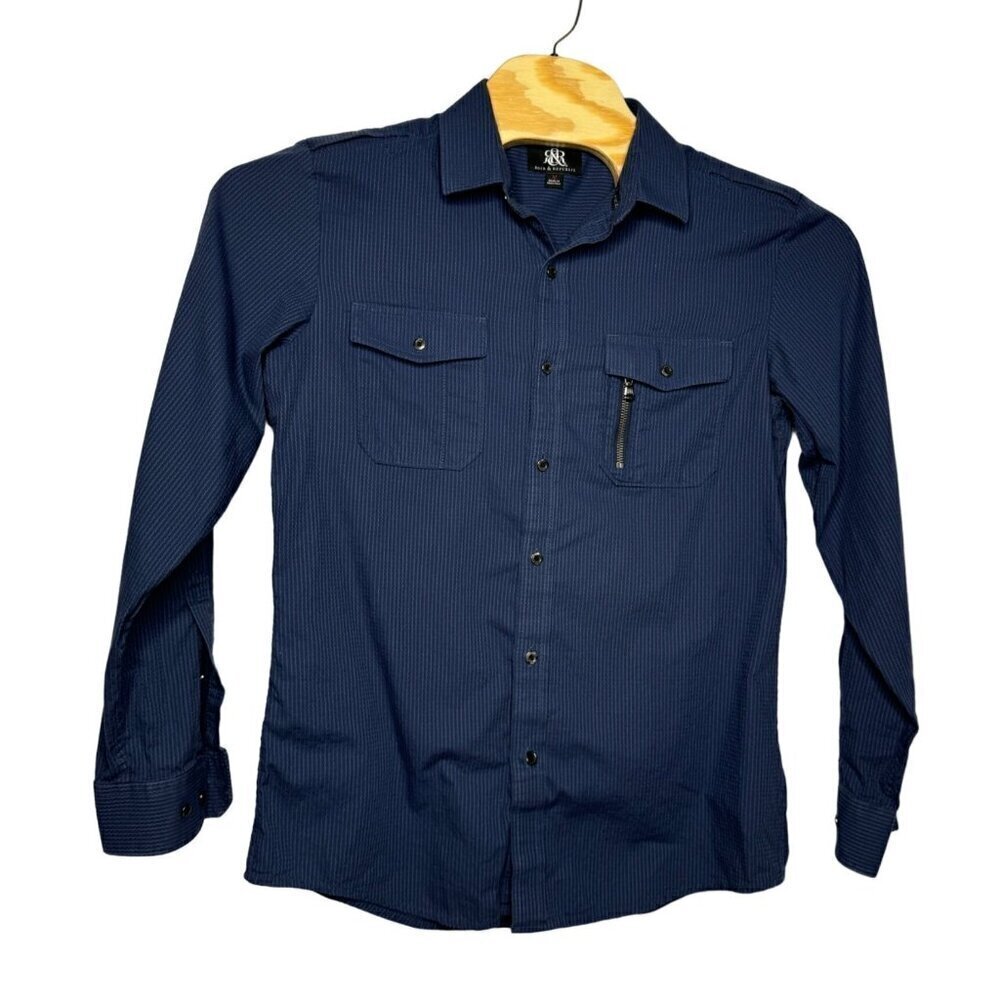 Rock & Republic Button Down Long Sleeve Shirt w/ Roll Tabs SZ Medium Dark Blue